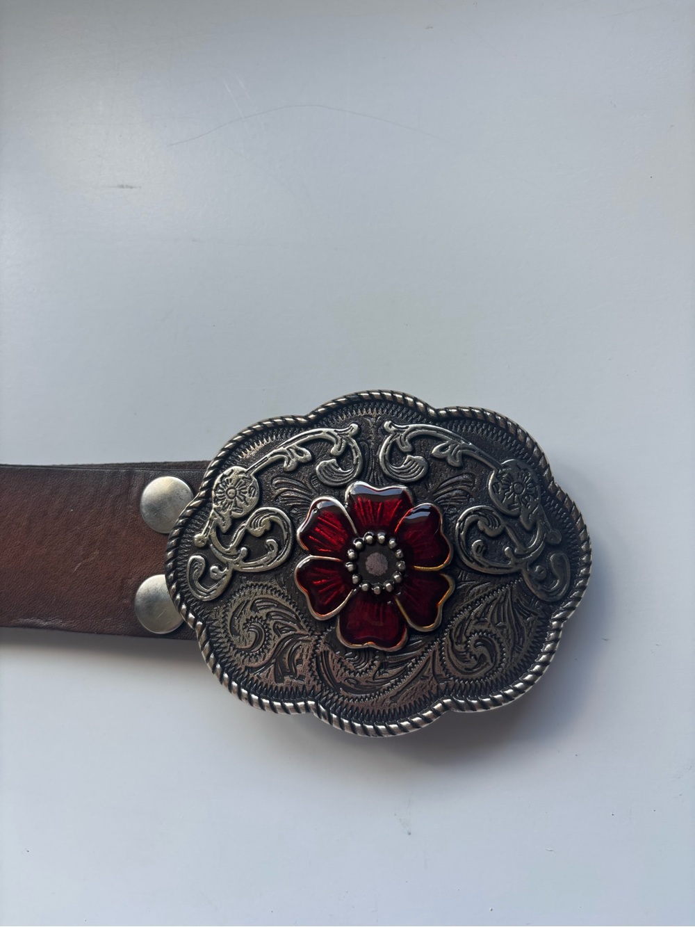 SELEX western style vintage brown leather belt with a ruby/silver unique buckle